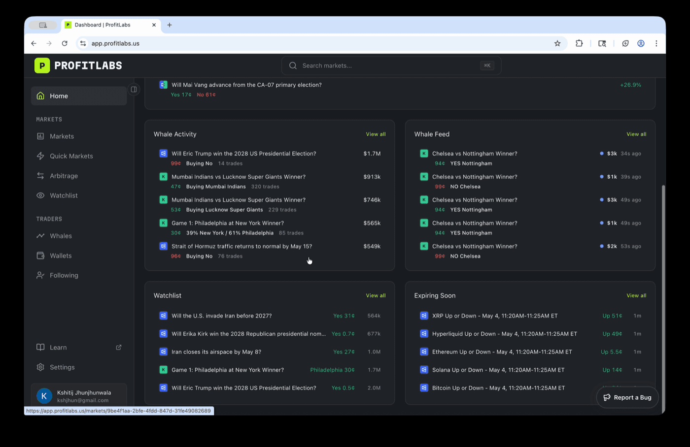 The dashboard, showing whale activity with trade sizes, a live whale feed, a watchlist, and markets expiring soon.
